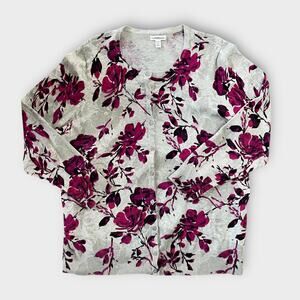 CROFT BARROW COTTON FLORAL CARDIGAN SWEATER 2X GRAY PINK PURPLE BOHO LIGHTWEIGHT